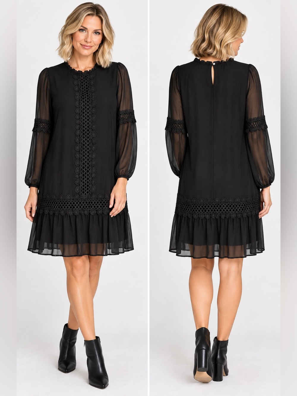 KAFFE NWT Black Lace-Trim Long Sleeve fully lined Dress size 8 - Picture 4 of 11